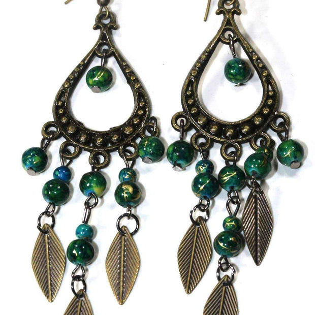 Leaf Charm Dangle Earrings with Colorful Beads