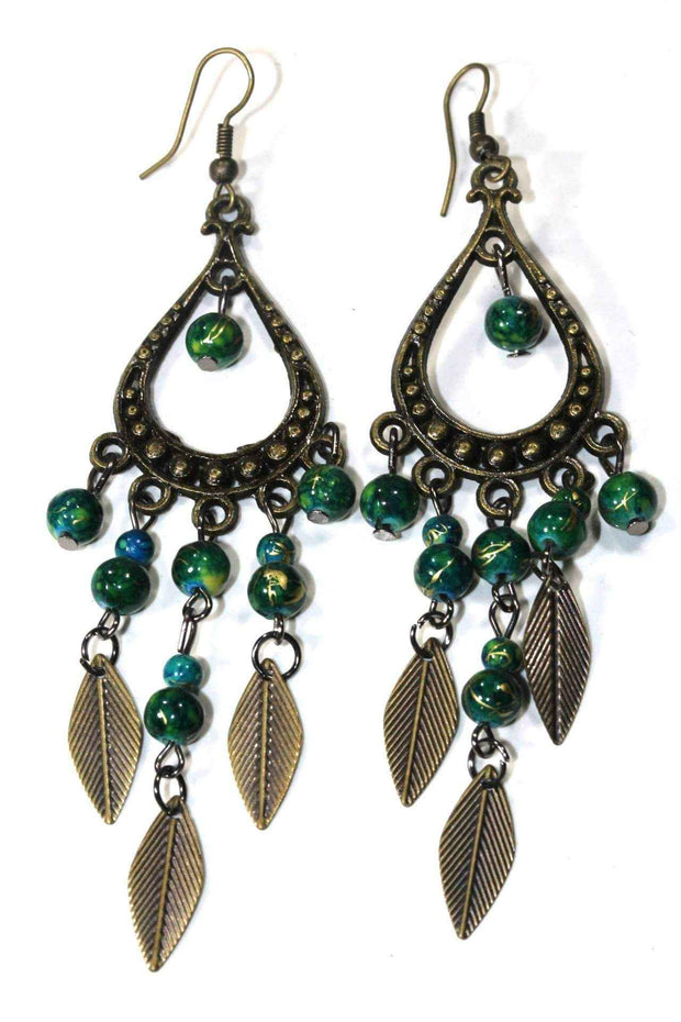 Leaf Charm Dangle Earrings with Colorful Beads
