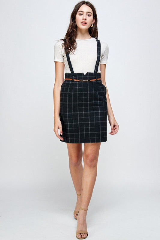 Plaid Suspender Skirt Belted