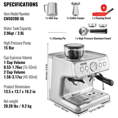 VEVOR Espresso Machine with Grinder, 15 Bar Semi-Automatic Espresso