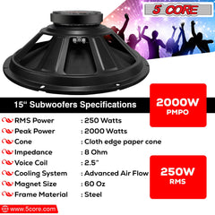 5Core 15 Inch Subwoofer Speaker 2000W Peak 8Ohm Full Range Replacement