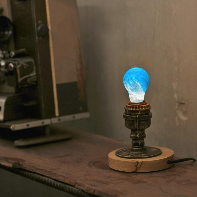 Blue Swirl Glass Decorative Light Bulb with Wooden and Metal Base
