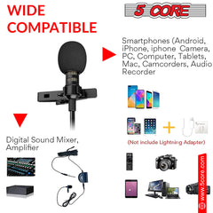 5Core Lavalier Microphone Clip On Professional Grade 3.5mm Lav Lapel