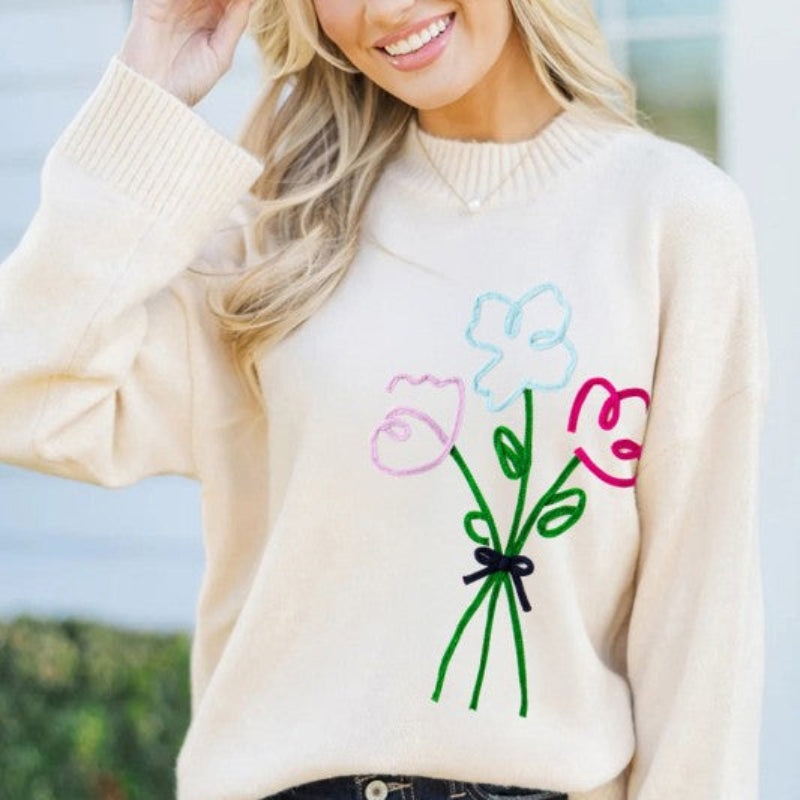 Women’s Cream Knit Sweater with Embroidered Floral Bouquet