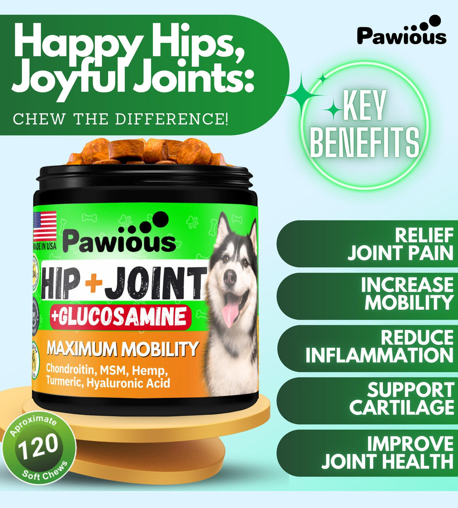 Suppléments pour hanches et articulations Pawious + glucosamine pour chiens 120 unités.