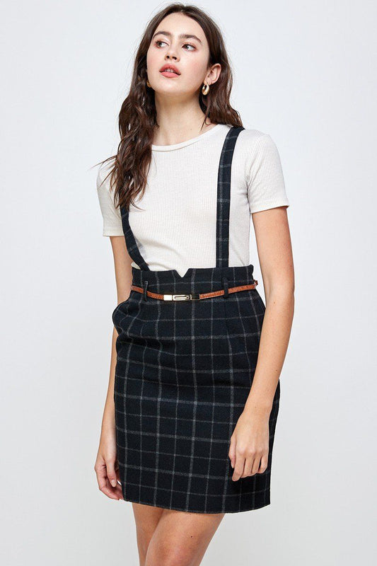 Plaid Suspender Skirt Belted