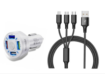 4 Port LED Car Charger + 3 in 1 Cable Combo Black