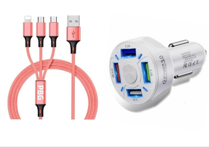 4 Port LED Car Charger + 3 in 1 Cable Combo Pink