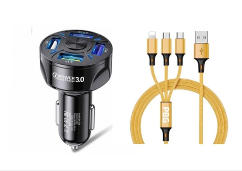 4 Port LED Car Charger + 3 in 1 Cable Combo