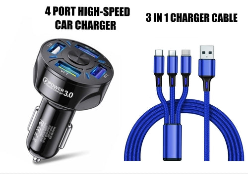 4 Port LED Car Charger + 3 in 1 Cable Combo