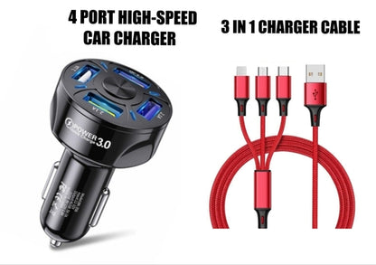 4 Port LED Car Charger + 3 in 1 Cable Combo