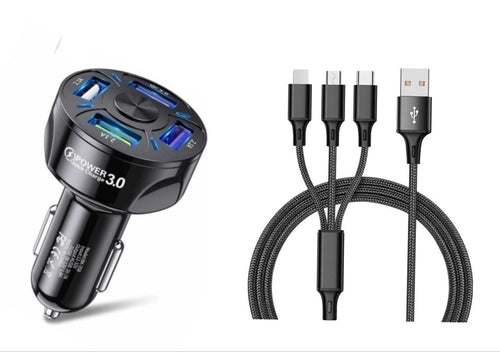 4 Port LED Car Charger + 3 in 1 Cable Combo