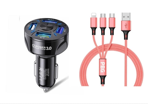 4 Port LED Car Charger + 3 in 1 Cable Combo