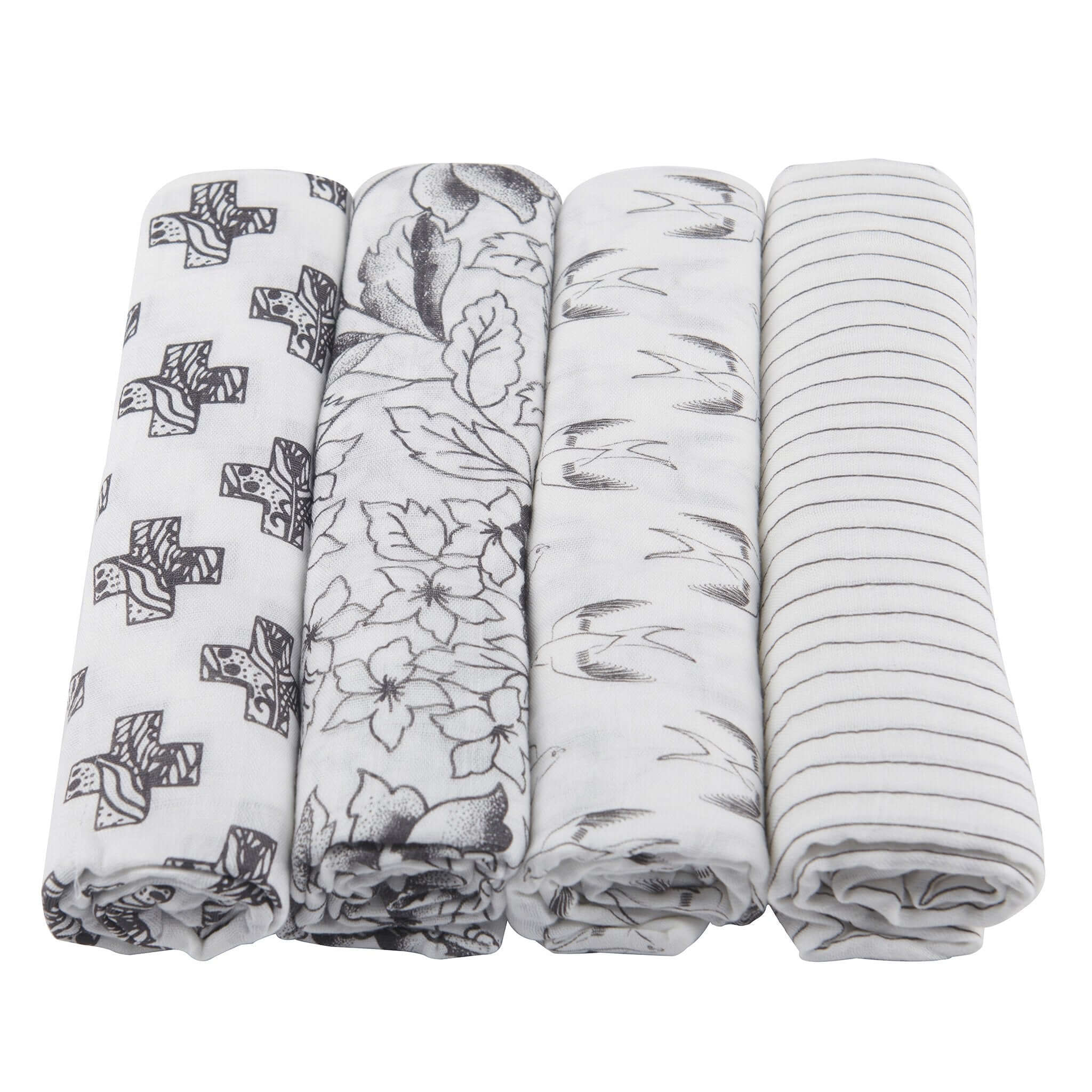 Bamboo Muslin Swaddle 4PK featuring four stylish designs in black and white, perfect for baby comfort and style.