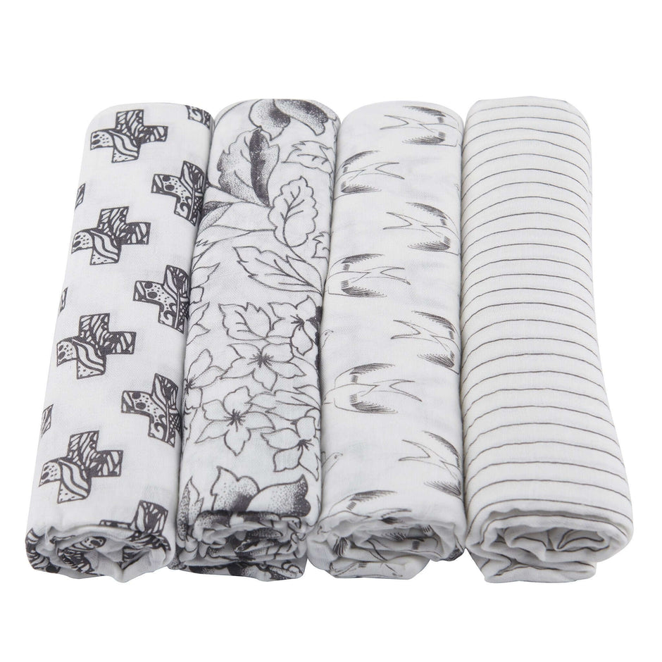 Bamboo Muslin Swaddle 4PK featuring four stylish designs in black and white, perfect for baby comfort and style.