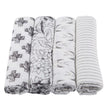 Bamboo Muslin Swaddle 4PK featuring four stylish designs in black and white, perfect for baby comfort and style.