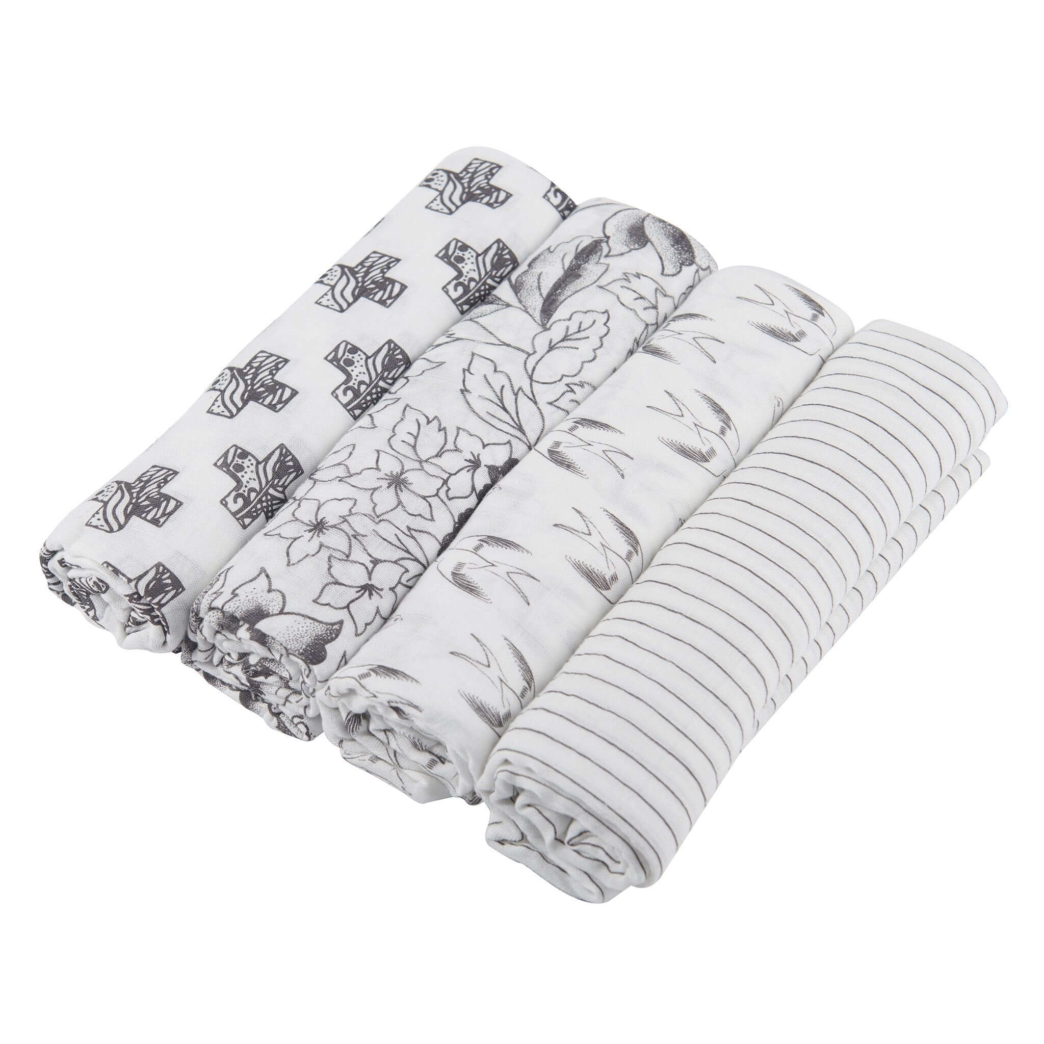 Bamboo Muslin Swaddle 4PK featuring floral and striped patterns for soft and breathable baby wraps.