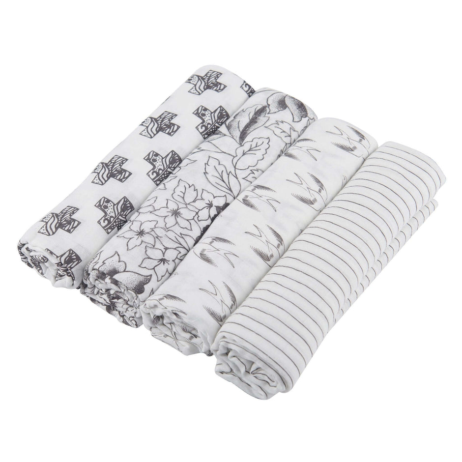 Bamboo Muslin Swaddle 4PK featuring floral and striped patterns for soft and breathable baby wraps.