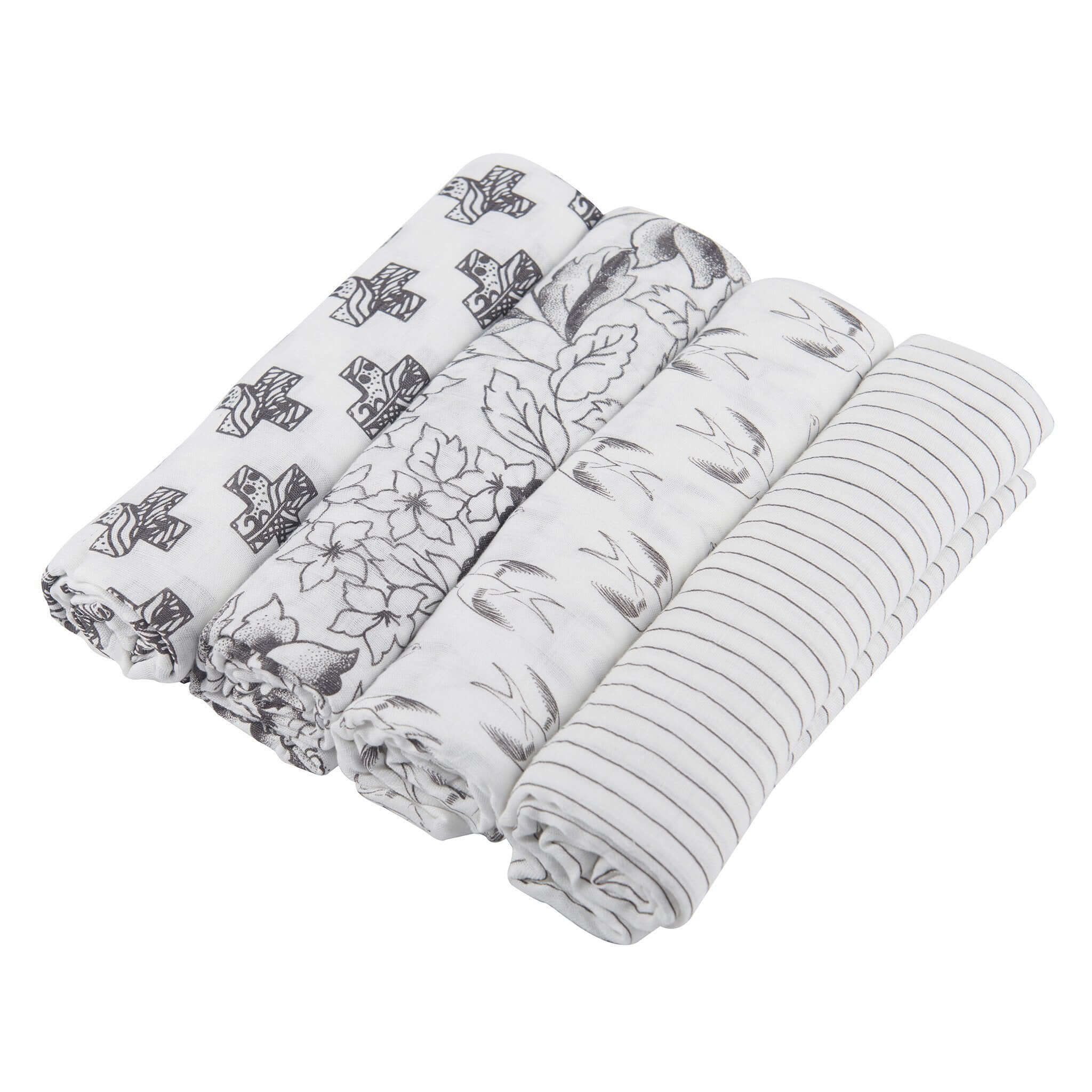 Bamboo Muslin Swaddle 4PK featuring floral and striped designs in soft, breathable fabric for baby comfort.