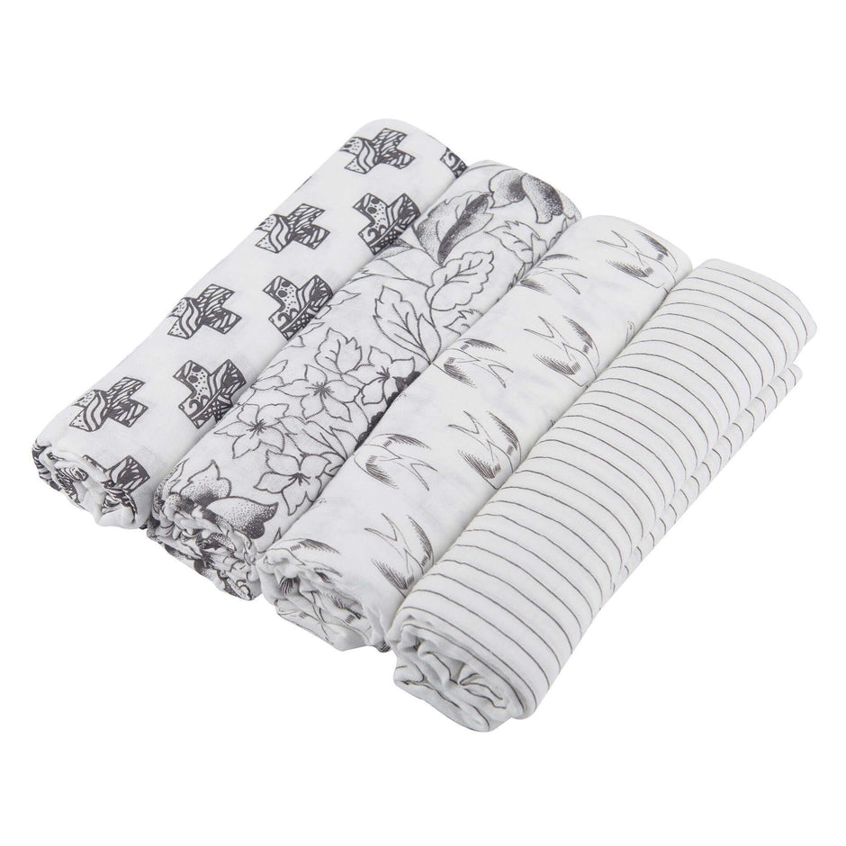 Bamboo Muslin Swaddle 4PK featuring floral and striped designs in soft, breathable fabric for baby comfort.
