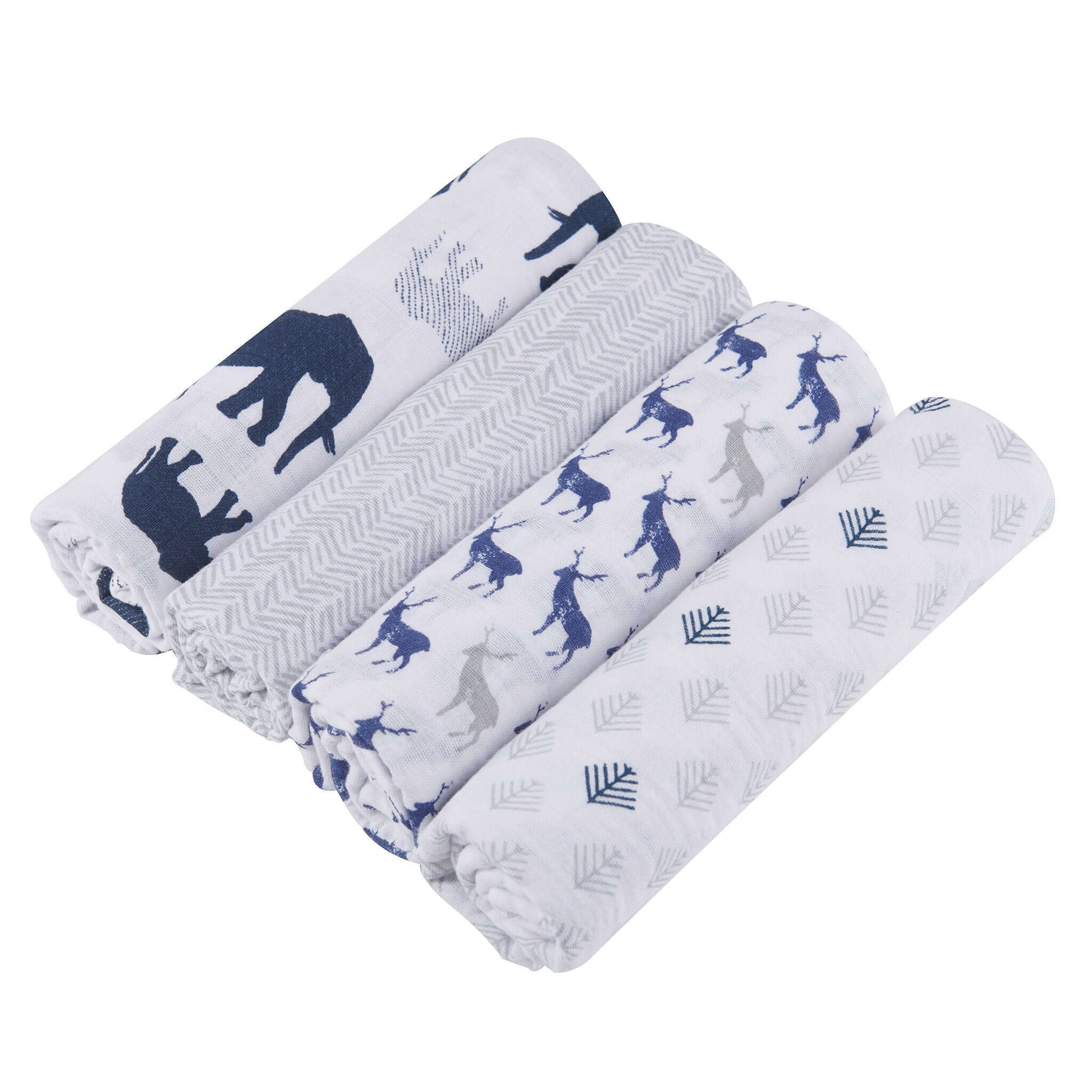 In the Wild Cotton Muslin Swaddle 4PK featuring playful animal designs, perfect for wrapping infants comfortably.
