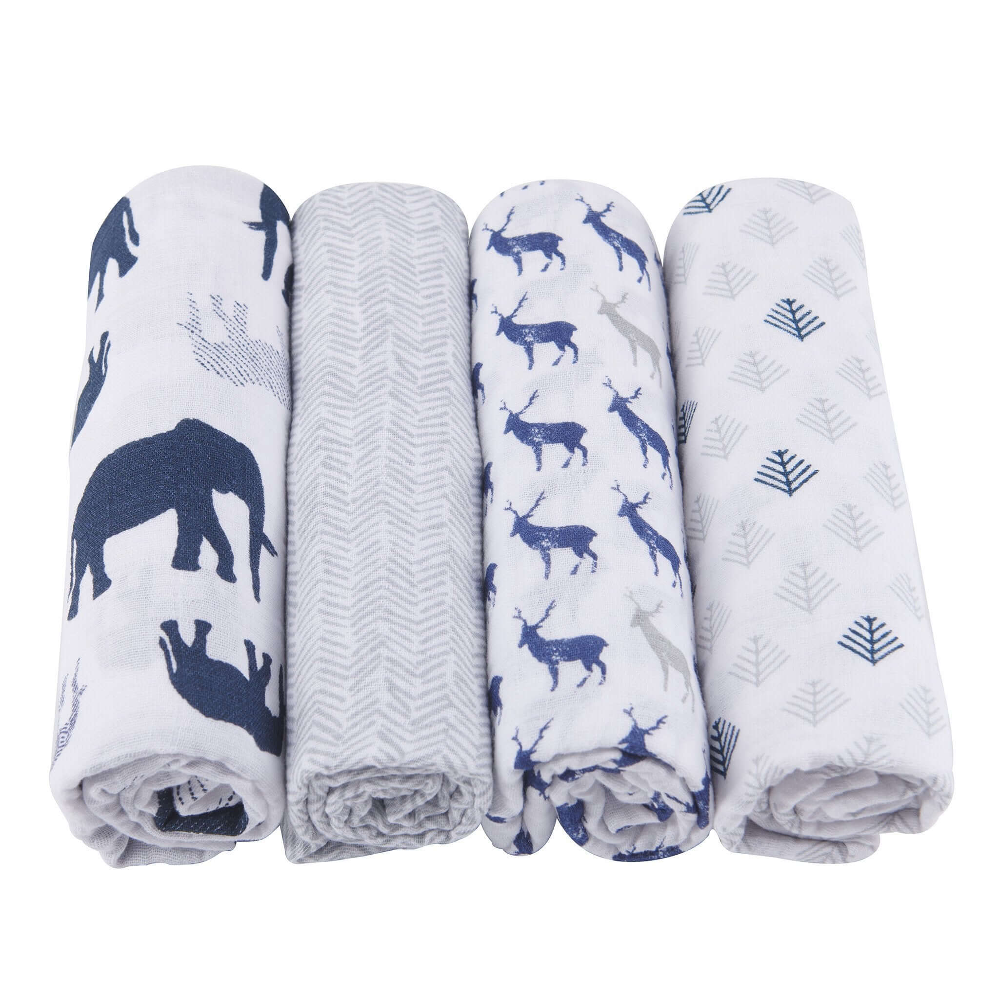 In the Wild Cotton Muslin Swaddle 4PK featuring playful animal designs, perfect for lightweight comfort and convenience.