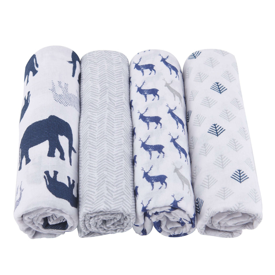 In the Wild Cotton Muslin Swaddle 4PK featuring playful animal designs, perfect for lightweight comfort and convenience.