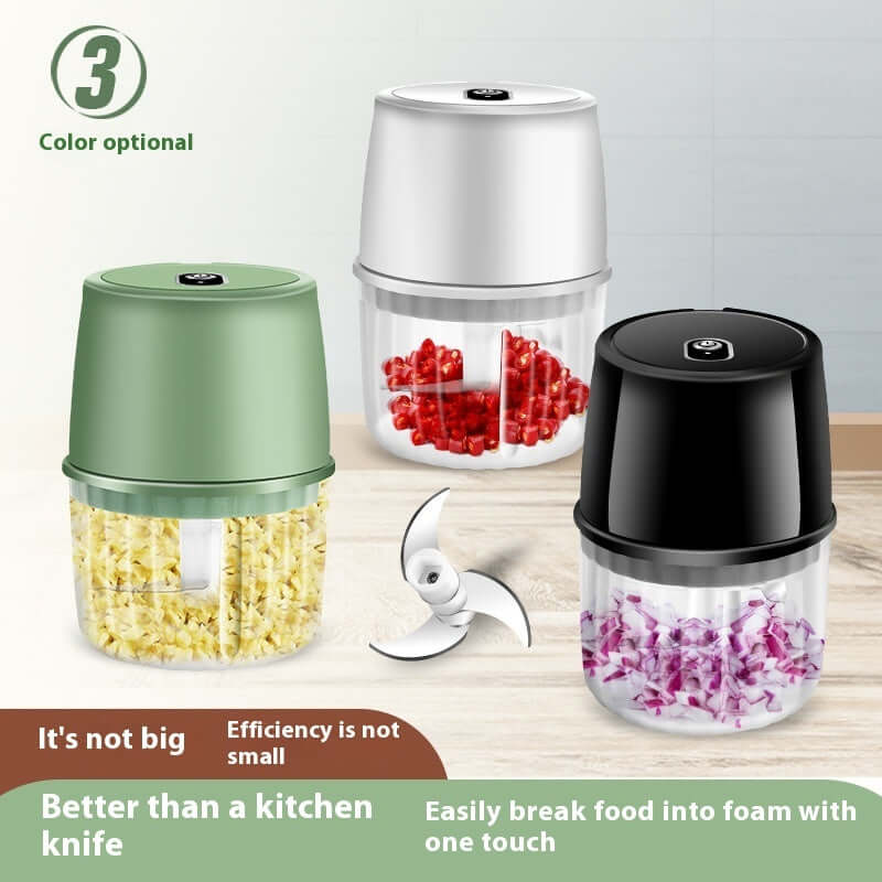 Electric Portable Garlic Chopper in three colors: green, black, and white, showcasing efficient food chopping.
