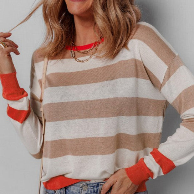 Women’s Neutral Stripe Knit Long Sleeve Sweater