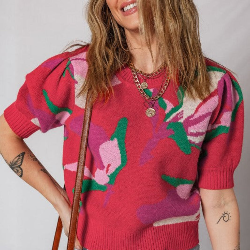 Floral Knit Short Sleeve Sweater for Women