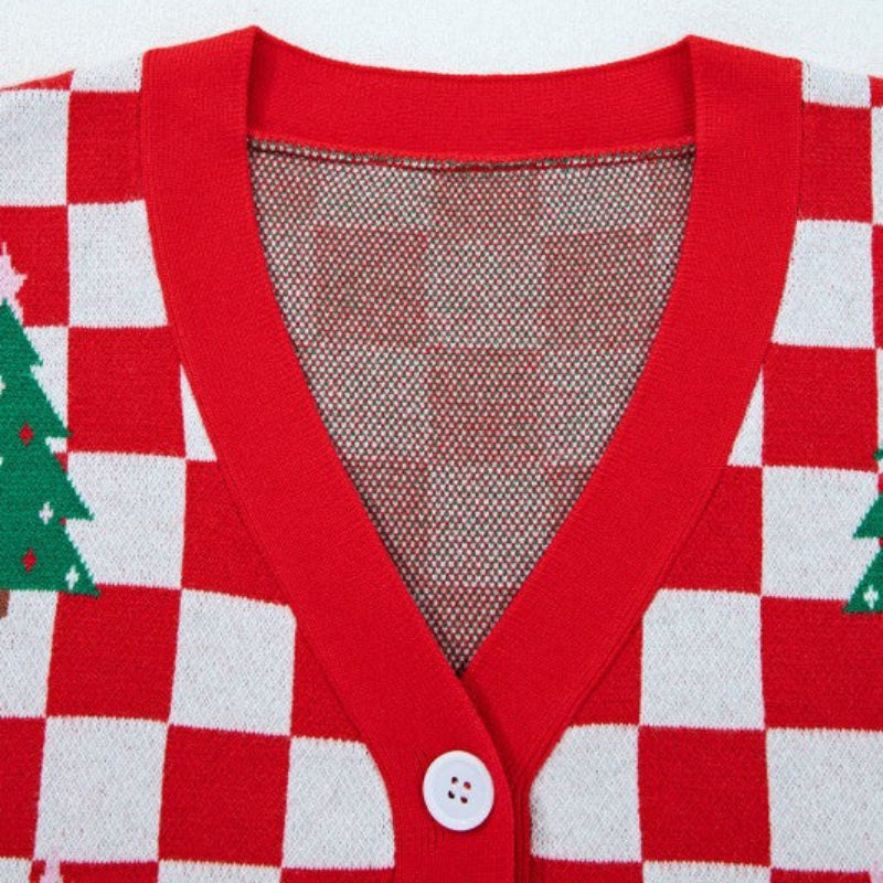Women’s Pink Checkered Christmas Tree Knit Cardigan