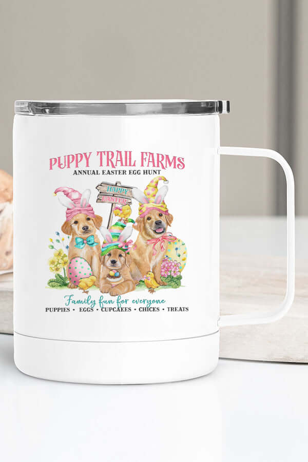 Easter Puppy Travel Cup featuring playful puppies at an egg hunt, keeping beverages warm for joyful moments.