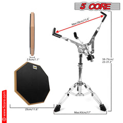 5 Core Drum Practice Pad Set 12" Adjustable Snare Drumming Stand