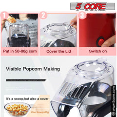 5Core Popcorn Machine 16 Cup Hot Air Popper Mini Portable Electric Pop