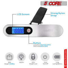 5Core Digital Luggage Scale Weight Scale Travel Hanging Baggage