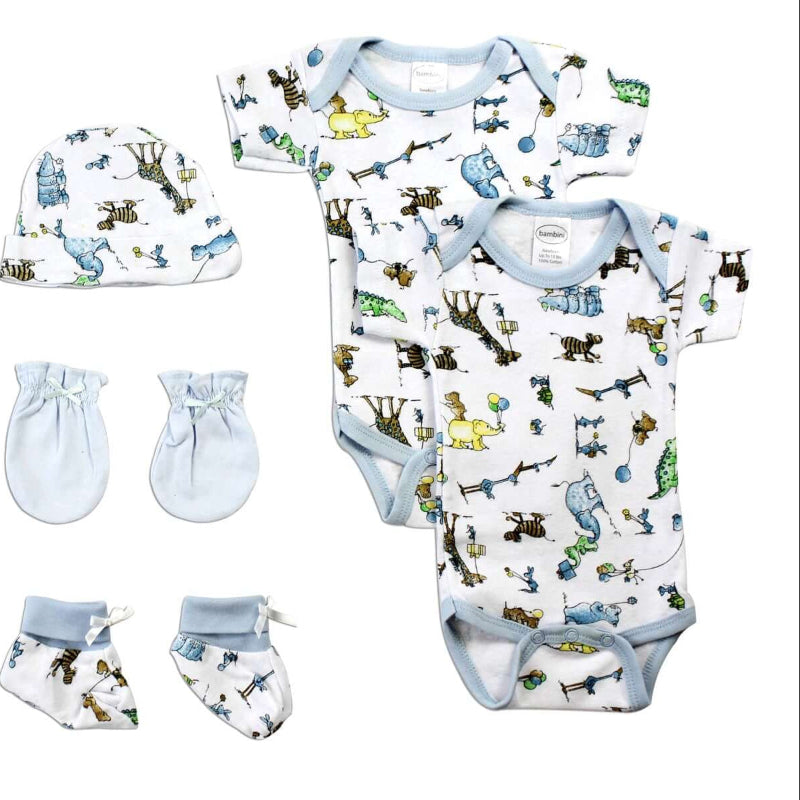 Bambini Baby Layette Set featuring soft fabric hats, bodysuits, mittens, and booties in adorable animal prints.