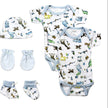 Bambini Baby Layette Set featuring soft fabric hats, bodysuits, mittens, and booties in adorable animal prints.