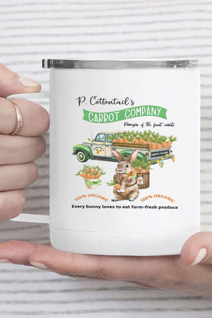 Cottontail Carrot Travel Cup featuring cute bunny design and farm-fresh produce theme, perfect for on-the-go use.