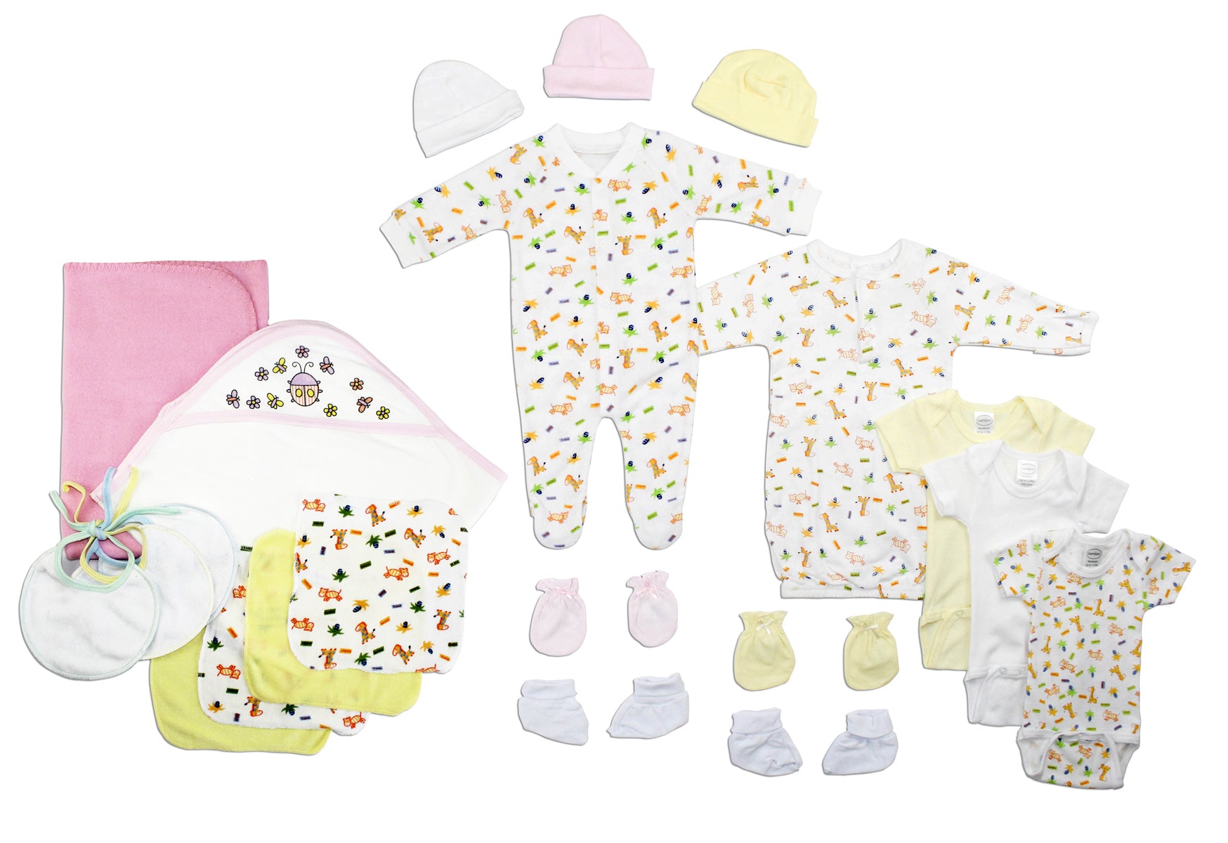 Soft Cotton Baby Girls 21 Pc Layette Set including hats, bodysuits, blankets, and accessories for newborn girls.