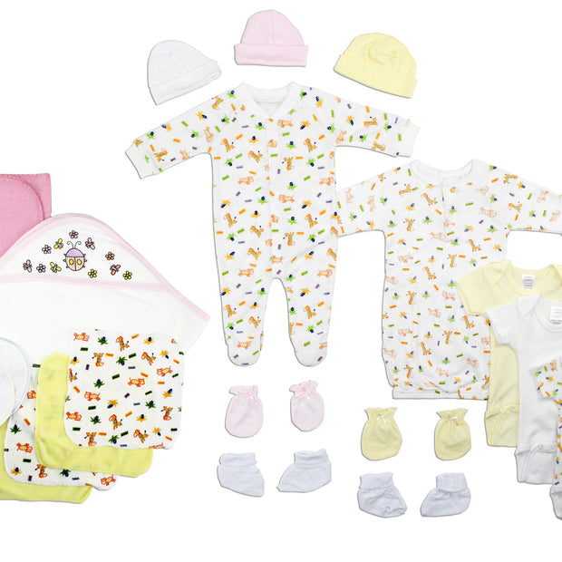 Soft Cotton Baby Girls 21 Pc Layette Set including hats, bodysuits, blankets, and accessories for newborn girls.