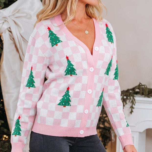 Women’s Pink Checkered Christmas Tree Knit Cardigan