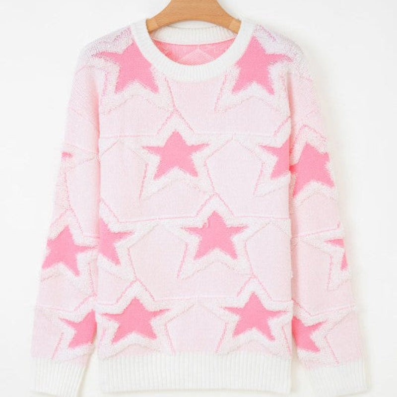 Pink Star Pattern Knit Sweater for Women