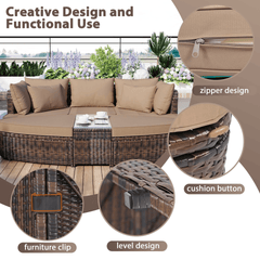 6-Piece Patio Outdoor Conversation Round Sofa Set, PE Wicker Rattan