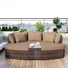 6-Piece Patio Outdoor Conversation Round Sofa Set, PE Wicker Rattan