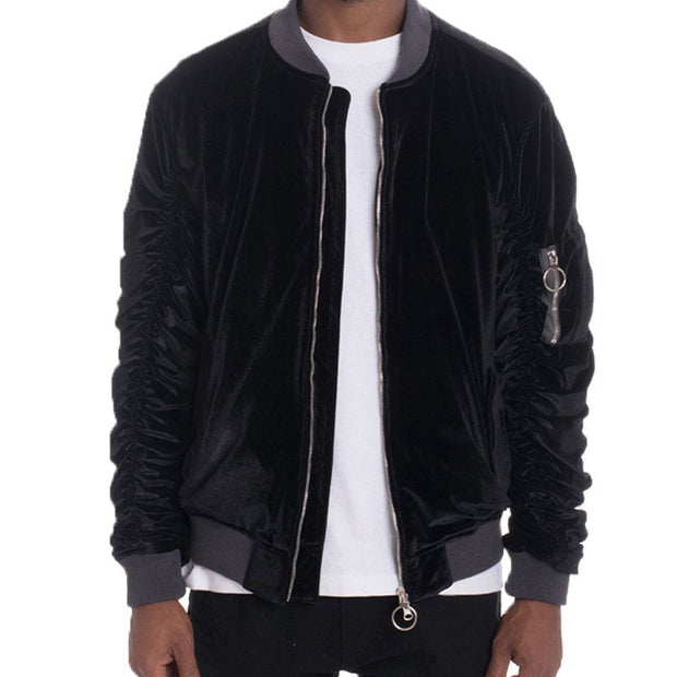 Men's Velvet Bomber Jacket: Luxurious Black Style with Functional Pocket