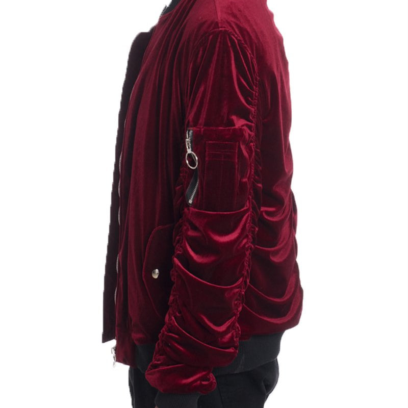 Velour Cinch Sleeve Bomber Jacket