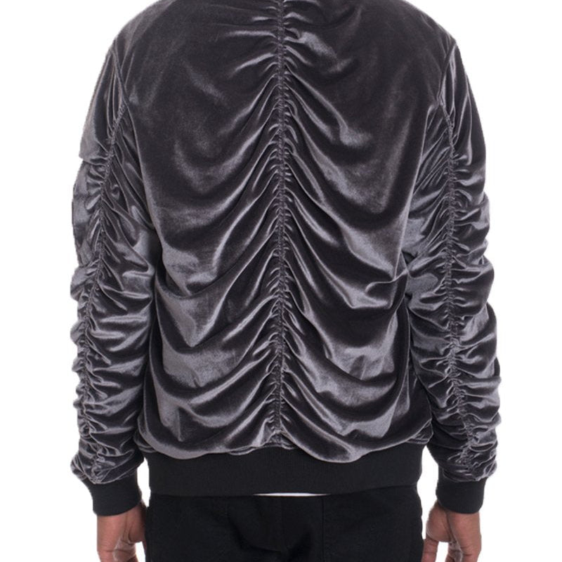 Men's Silver Velvet Bomber Jacket with Zippered Sleeve