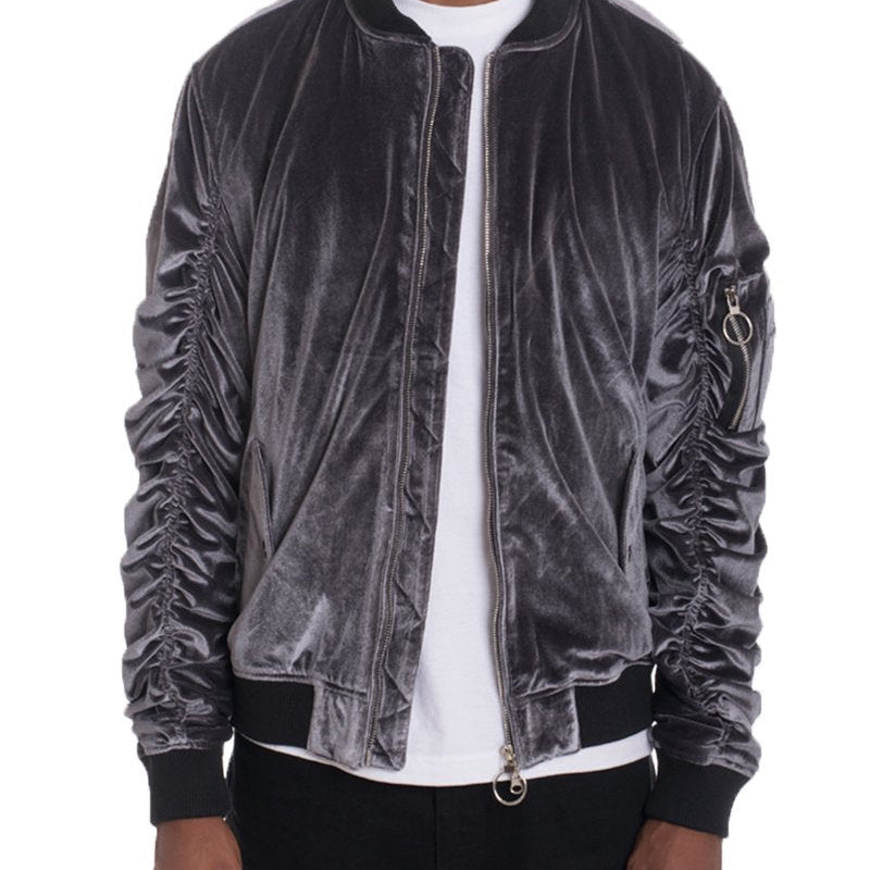 Men's Silver Velvet Bomber Jacket with Zippered Sleeve