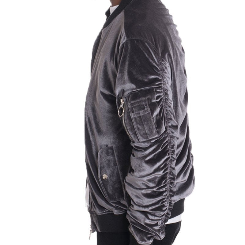Men's Silver Velvet Bomber Jacket with Zippered Sleeve