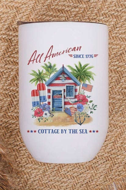 Patriotic Cottage Wine Tumbler featuring All American design with beach cottage and floral details.